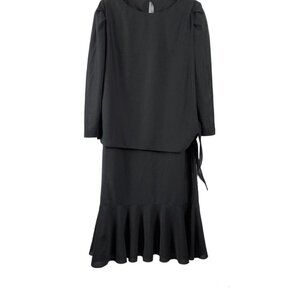 TF Vintage Long Sleeve Waist Tie Sheer Black Swing Dress